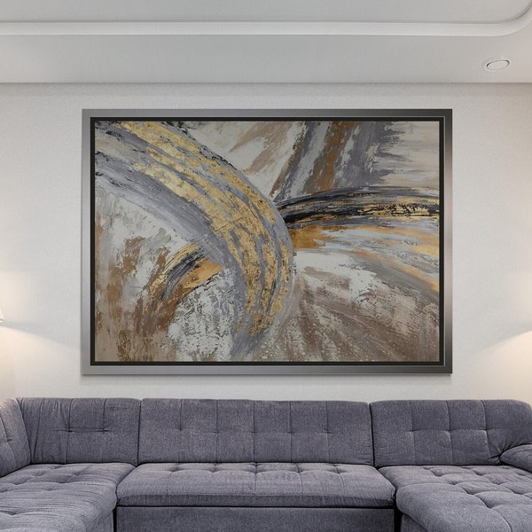 Abstract Golden Grey Framed Canvas, Luxury Wall Art, Oil Painting Canvas, Abstract Wall Art, Modern Artwork, Contemporary Gold Framed Canvas