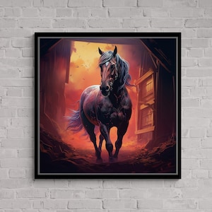 Abstract Horse Wall Art, Horse Framed Canvas, Illustration Wall Art, Contemporary Artwork, Animal Painting, Farmhouse Silver Framed Canvas