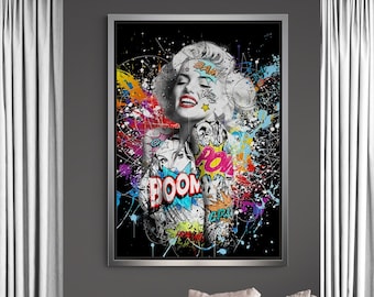 BOOM Marilyn Monroe Pop Art, Banksy Marilyn Monroe Framed Canvas, Monroe Graffiti Wall Art, Canvas For Beauty Saloon, White Framed Canvas