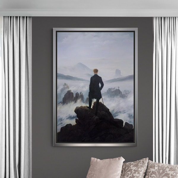 Caspar David Friedrich, Viandante sopra il mare di nebbia, famosa arte da parete, arte su tela di Friedrich, tela di riproduzione, tela con cornice bianca