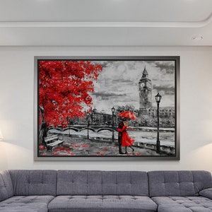 London Framed Canvas, Red Tree Wall Art, Romantic Canvas Art, Red Umbrella London Art,  London City Wall Art, London, Black Framed Canvas