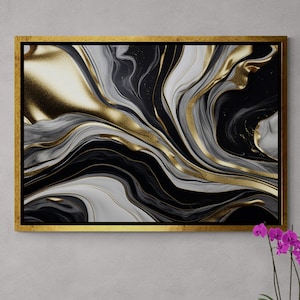 Gold and Silver Wall Art, Marble Pattern Canvas, Abstract Canvas, Modern Wall Art, Modern Marble Pattern, Large Art, Silver Framed Canvas