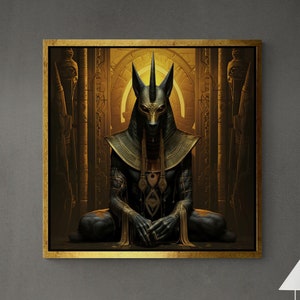 Egyptian God Anubis Wall Art, Anubis Framed Canvas, Egypt Ethnic Wall Art, Egyptian Mythology Canvas, Ancient Ages White Framed Canvas