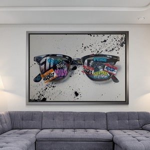Banksy Cool Glasses Graffiti Wall Art, Banksy Mural Quate, Graffiti Sunglasses Framed Canvas, Colorful Sunglasses Gold Framed Canvas