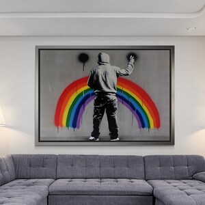 Rainbow Wall Art, Banksy Graffiti Framed Canvas, Urban Style Wall Art, Rainbow Canvas, Street Style Artwork, Sad Rainbow White Framed Canvas
