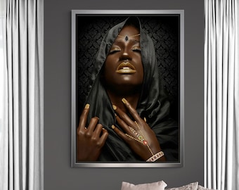 Black Woman Face Wall Art, Hijab Woman Framed Canvas, Muslim Woman Canvas, Islamic Wall Art, Islamic Holy Wall Art, Silver Framed Canvas