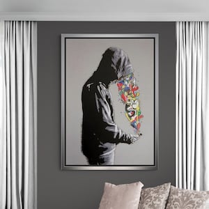 Banksy Wall Art, Banksy Graffiti Framed Canvas Banksy Mural Quate, Street Wall Art, Banksy Canvas, Phone Graffiti White Framed Canvas