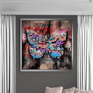 Butterfly Graffiti Canvas, Butterfly Wall Art, Graffiti Wall Art, Butterfly Canvas, Large Wall Art, Butterfly Artwork, Silver Framed Canvas
