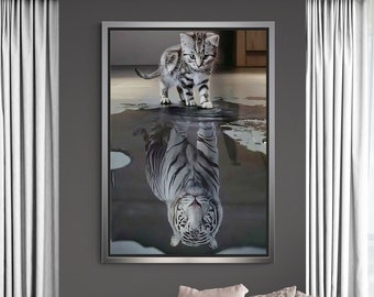 Tiger Reflection Katze Leinwand, Katzen Wandkunst, Tiger Wandkunst, Tiger Leinwand, Katzen Leinwand, Tiger und Katze gerahmt Leinwand, schwarz gerahmt Leinwand