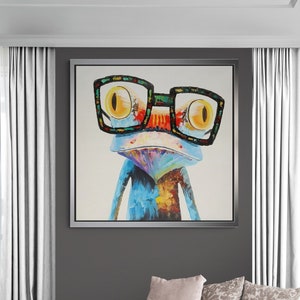 Rana arco iris con lienzo de gafas, arte de pared de rana arco iris, lienzo enmarcado de rana arco iris, arte de pared de gafas, lienzo de rana, lienzo enmarcado plateado
