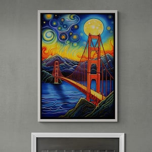 Golden Gate Bridge Framed Canvas, San Francisco Wall Art, City View Canvas, Abstract Landscape Wall Art, Watercolor White Framed Canvas