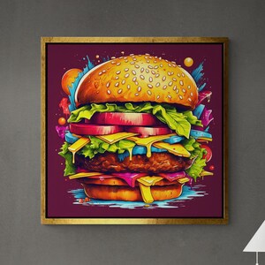 Pop Art Burger Wall Art, Hamburger Framed Canvas, Fast Food Wall Art, Kitchen Wall Decor, Wall Art for Restaurants, Black Framed Canvas