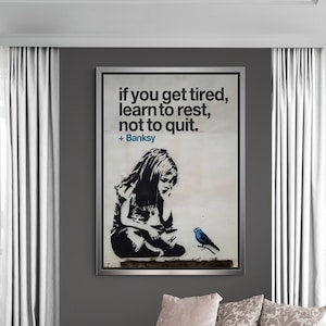 Banksy Girl Wall Art, Banksy Girl and Blue Bird Quote, Banksy Framed Canvas, Inspirational Quote Art, Blue Bird Art, Gold Framed Canvas
