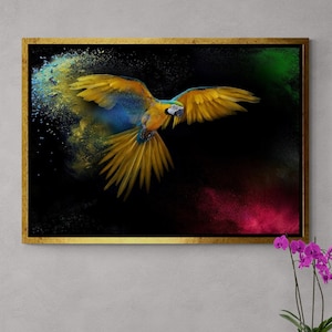 Yellow Parrot Wall Art, Colorful Animals Framed Canvas, Flying Parrot Canvas, Parrot Wall Art, Large Wall Art, Animals, Black Framed Canvas