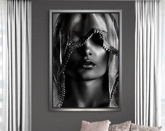 Woman Face Wall Art, Silver Effect Woman with Scarf Framed Canvas, Arabic Woman Canvas, Woman Portrait Wall Art, Black Framed Canvas