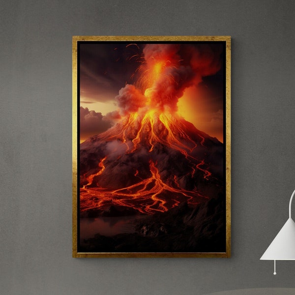 Volcanic Eruption Canvas, Magma Wall Art, Volcanic Blast Artwork, Large Wall Art, Natural Events Canvas, Lava Flow Art, White Framed Canvas