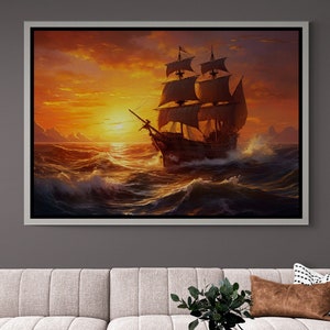 Pirate Ship Wall Art, Sunset Framed Canvas, Sea Wall Art, Ship Canvas, Landscape Wall Art, Sailing Ships Canvas, Silver Framed Canvas