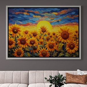 Sunflower Field Canvas, Flowers Wall Art, Oil Painting Canvas, Nature Landscape Canvas, Sunflower Artwork, Flower Art, Silver Framed Canvas