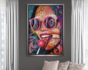 Lollipop Woman Wall Art, Lollipop Pop Art Canvas, LOVE Pop Art, Woman Pop Art, Graffiti Pop Art, Wall Art Pop Art, Gold Framed Canvas