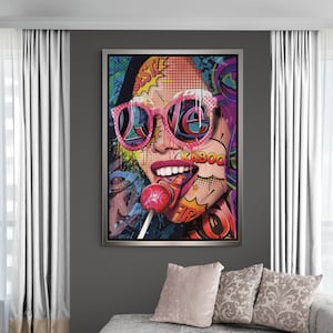 Lollipop Woman Wall Art, Lollipop Pop Art Canvas, LOVE Pop Art, Woman Pop Art, Graffiti Pop Art, Wall Art Pop Art, Gold Framed Canvas