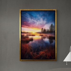 Sunset Wall Art, Nature Canvas, Large Wall Art, Lake Landscape Canvas, Landscape Wall Art, Sunset Art, Sunset and Lake, Black Framed Canvas