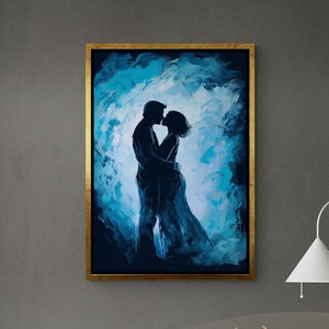Abstract Lovers Canvas, Romantic Couple Wall Art, Kissing Couple Canvas, Woman and Man Silhouette, Blue Color Wall Art, Black Framed Canvas