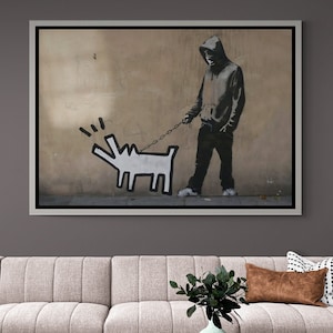 Banksy Bellender Hund Leinwand, bellender Hund Wandkunst, Hund gerahmte Leinwand, Hunde Graffiti Leinwand, Graffiti Wandkunst, Hunde Kunst, weiße gerahmte Leinwand