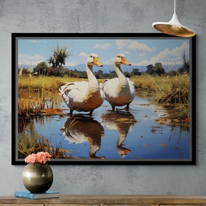 Geese In The Pond Wall Art, Geese Framed Canvas, Goslings Wall Art, Nature Landscape Canvas, Fine Art Photography, White Framed Canvas