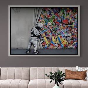 Banksy Graffiti Wall Art, Banksy Framed Canvas, Child Street Wall Art, Urban Style Art, Kids Wall Art, Graffiti Canvas, Black Framed Canvas