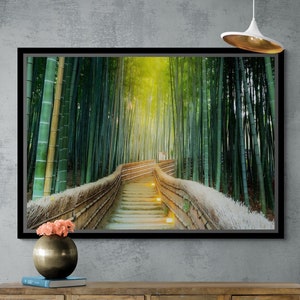 Bamboe ingelijst canvas, bamboe bos kunst aan de muur, Japan bamboe bos canvas, boslandschap, bamboe landschap canvas, wit ingelijst canvas