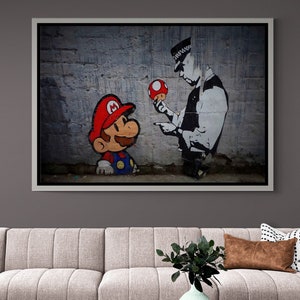 BANKSY Super Mario Framed Canvas, Super Mario Graffiti, Banksy Wall Art, Banksy Mario Canvas, Mario Wall Art, Gold Framed Canvas