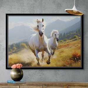 Zwei weiße Pferde Leinwand, Tier Wandkunst, Pferde Kunstwerk, laufende Pferde, Pferde Wandkunst, Natur Landschaft Leinwand, schwarz gerahmte Leinwand