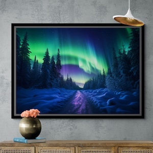 Northern Lights Wall Art, Aurora Framed Canvas, Borealis Wall Art, Nature Canvas, Night Sky Wall Art, Northern Lights Silver Framed Canvas