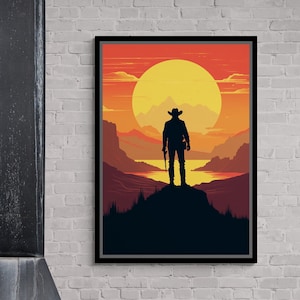 Cowboy bei Sonnenuntergang Wandkunst, Western gerahmte Leinwand, Wilde Westen Wandkunst, Leinwand im amerikanischen Stil, Cowboy in Texas, weiße gerahmte Leinwand