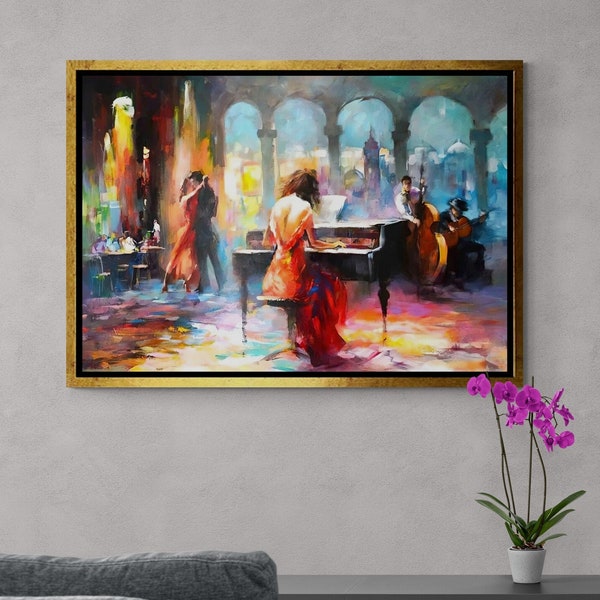 Toile encadrée Haenraets Willem, oeuvre d'art murale piano, toile abstraite, oeuvre d'art murale couple romantique, toile encadrée musicien, toile encadrée noire