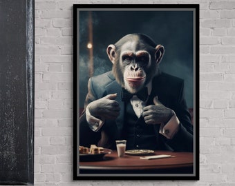 Monkey In Suit Canvas, Animal Wall Art, Monkey Wall Art, Fun Monkey Canvas, Boss Monkey Artwork, Large Wall Art, Silver Framed Canvas