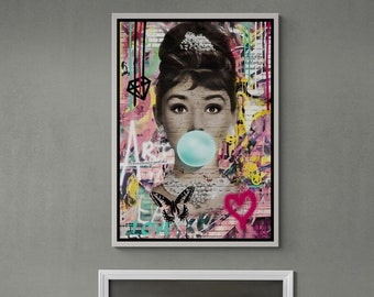 Audrey Hepburn Framed Canvas, Bubble Gum Wall Art, Audrey Canvas, Audrey Hepburn Artwork, Movie Actress, Banksy Graffiti White Framed Canvas