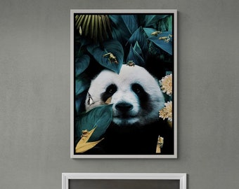 Cute Panda Framed Canvas, Frog Wall Art, Green Leaves Canvas, Panda in Branches Wall Art, Butterfly Canvas, Animal White Framed Canvas