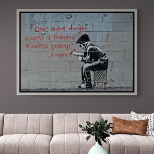 BANKSY Original Thought Graffiti Wall Art, Banksy Motivational Quotes Graffiti Canvas, Banksy Framed Canvas, Graffiti Gold Framed Canvas