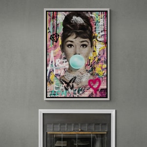 Audrey Hepburn Framed Canvas, Bubble Gum Wall Art, Audrey Canvas, Audrey Hepburn Artwork, Movie Actress, Banksy Graffiti White Framed Canvas