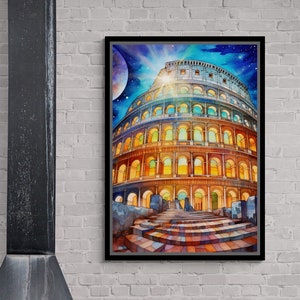Colosseum in Rome Wall Art, Famous Architecture Framed Canvas, Classical Antiquity Wall Art, Watercolor Wall Art, Italy Silver Framed Canvas