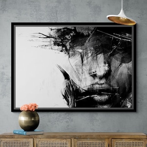 Tela de desenho de mulher, arte de parede em preto e branco, tela com moldura abstrata, tela de retrato de mulher, arte de parede de retrato de mulher, tela com moldura prateada