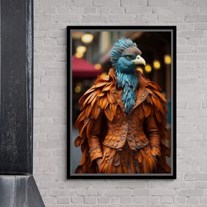 Peacock Wall Art, Surreal Peacock Canvas, Animal Wall Art, Colorful Canvas, Peacock in Suit, Majestic Peacock Canvas, Silver Framed Canvas