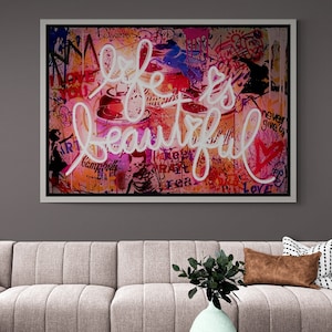 BANKSY Life is Beautiful Framed Canvas, Banksy Graffiti Wall Art, Life is Beatiful Graffiti Canvas, Street Graffiti Art, Black Framed Canvas
