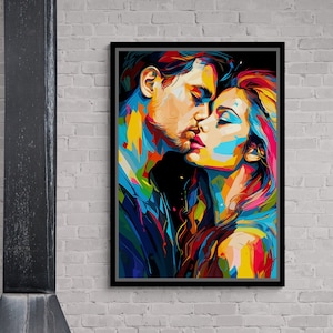 Abstract Kissing Wall Art, Romantic Couple Canvas, Colorful Canvas, Lovers Wall Art, Kissing Couple Canvas, Lovers Art, Black Framed Canvas
