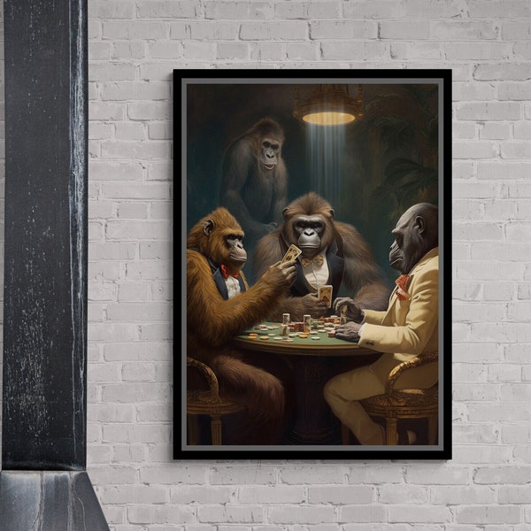 Gambler Monkeys Canvas, Animal Wall Art, Monkeys in Suits Canvas, Large Wall Art, Monkeys Wall Art, Gorilla Canvas, White Framed Canvas