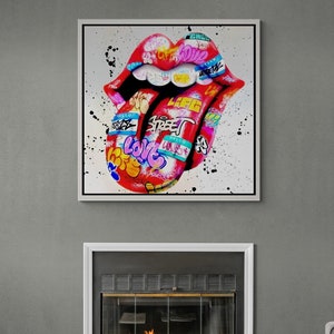Banksy Wandkunst, Graffiti Leinwand, Wandbild Zitat Leinwand, Lip Graffiti Wandkunst, Graffiti Leinwand, Banksy Longue weiße gerahmte Leinwand