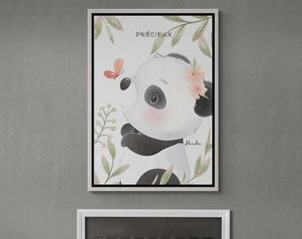 Baby Panda Framed Canvas, Panda Wall Art, Cute Animals Canvas, Floral Animal Wall Art, Wall Art for Nursery, Baby Panda Black Framed Canvas