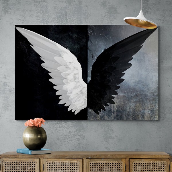 Angel Wings Framed Canvas, Angel Wings Wall Art, Wings Canvas, Black Wings Wall Art, White Wings Canvas, Black and White, Gold Framed Canvas
