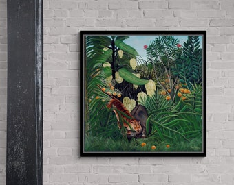 Der Kampf eines Tigers und eines Büffels, Henri Rousseau Leinwand, Büffelkunst, Reproduktionskunst, berühmte Wandkunst, Tigerkunst, Goldgerahmte Leinwand